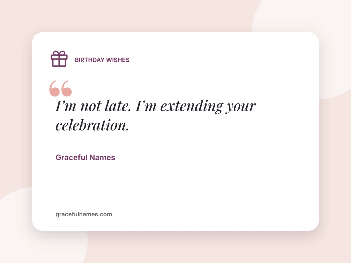 Birthday Wishes card: I’m not late. I’m extending your celebration.