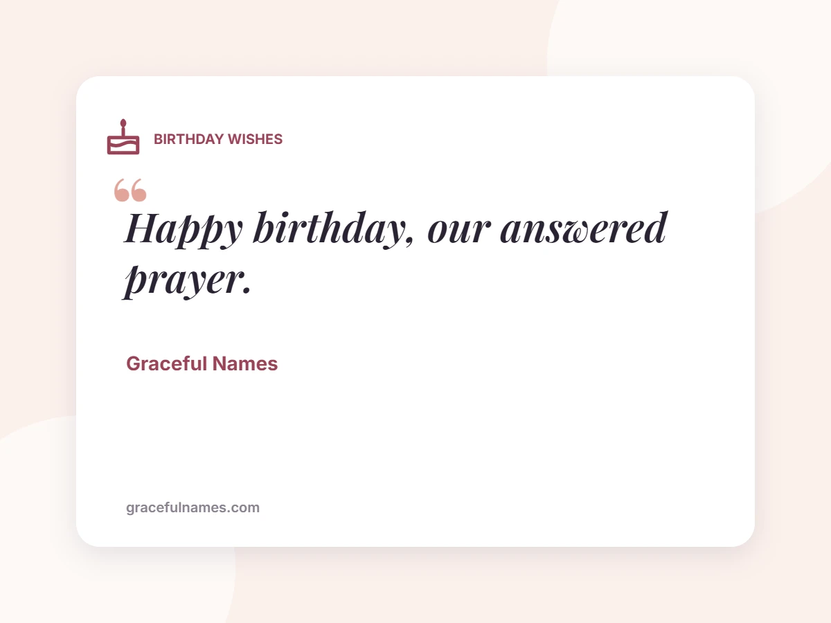 BIRTHDAY WISHES card: Happy birthday, our answered prayer.