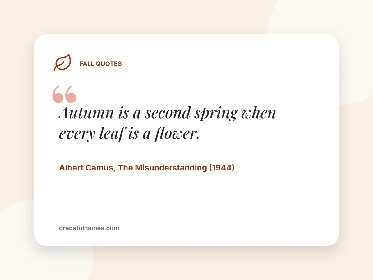 Fall quote card: Autumn is a second spring when every leaf is a flower – Albert Camus