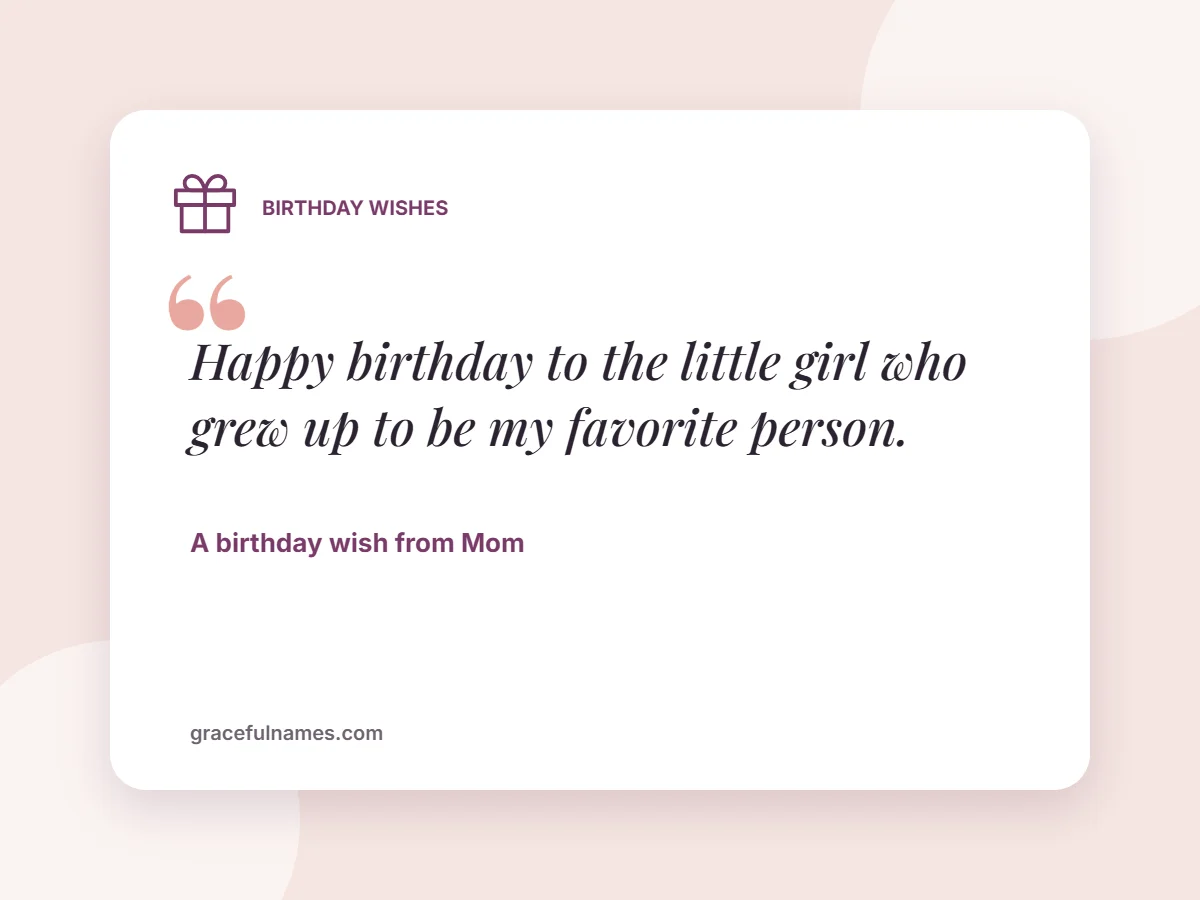 Birthday Wishes quote card: “Happy birthday to the little girl who grew up to be my favorite person.” — A birthday wish from Mom